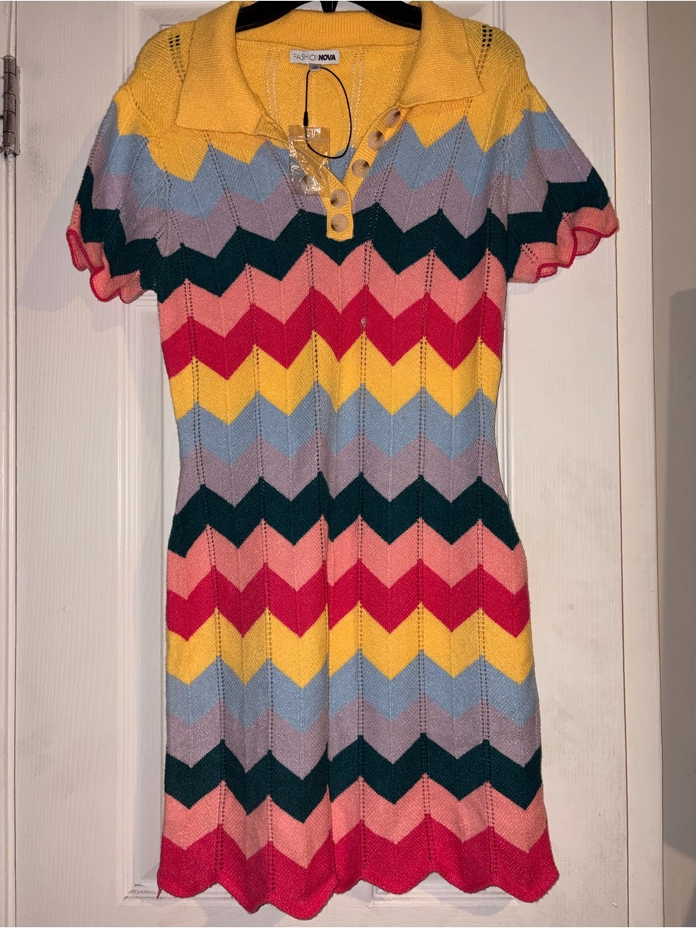 Fashion Nova Yellow Collar Multicolor Chevron Knit Dress - Picture 2 of 4